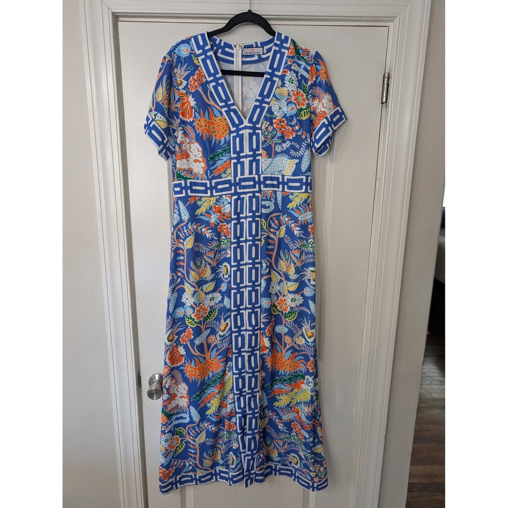 CK Bradley Blue Floral leland Greek Key Trim V-Neck Maxi Dress Womens Large